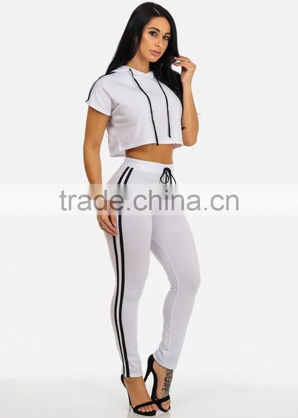 New Arrival Summer Women Casual Knit Cotton Crop Top And Pants White Two-Piece Outfit Sweat Suit Tracksuit Set