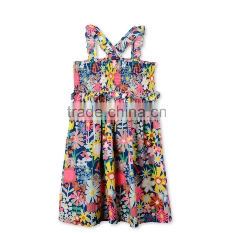 Bright Floral Collage Print Sleeveless Cotton Flower Girls Dress Boutique Girl Clothing Kids Party Dresses HSD5945