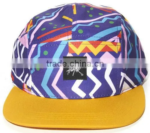 Yellow bill woven tag mens woven Aztec leather trap 5 panel hat