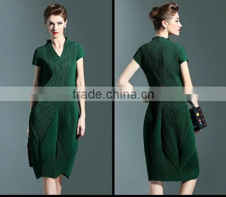 Solid colors women draped V neck lantern dresses with short sleeve