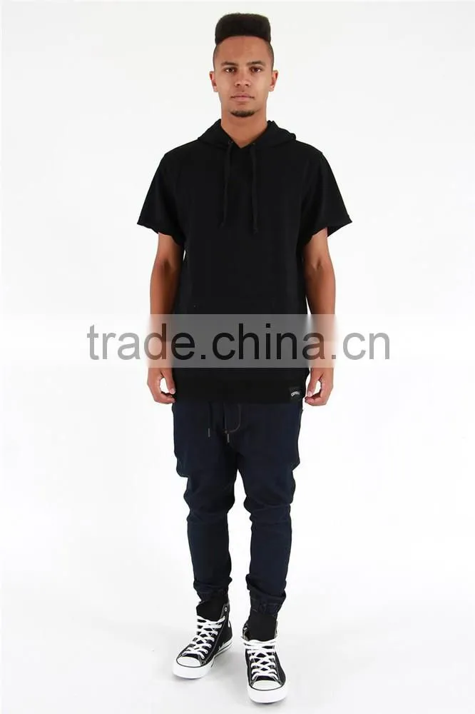 Cheap black/grey thin fleece blank hoodie short sleeve pullover hoodie