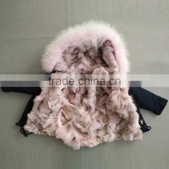 Myfur Cute Girls Pink Raccoon Fur Hooded Fox Fur Lining Cotton Waterproof Parka Jackets for Kids