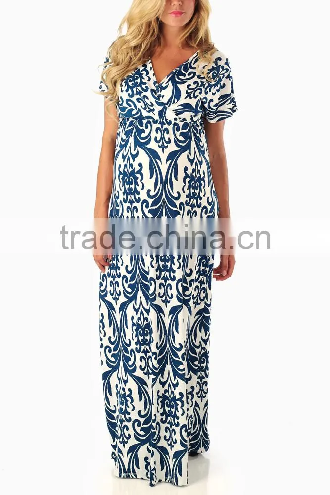 TEAL DAMASK PRINTED MATERNITY/NURSING MAXI DRESS