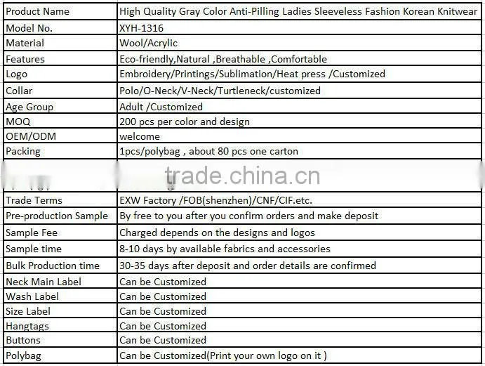 High Quality Gray Color Anti-Pilling Ladies Sleeveless Fashion Korean Knitwear