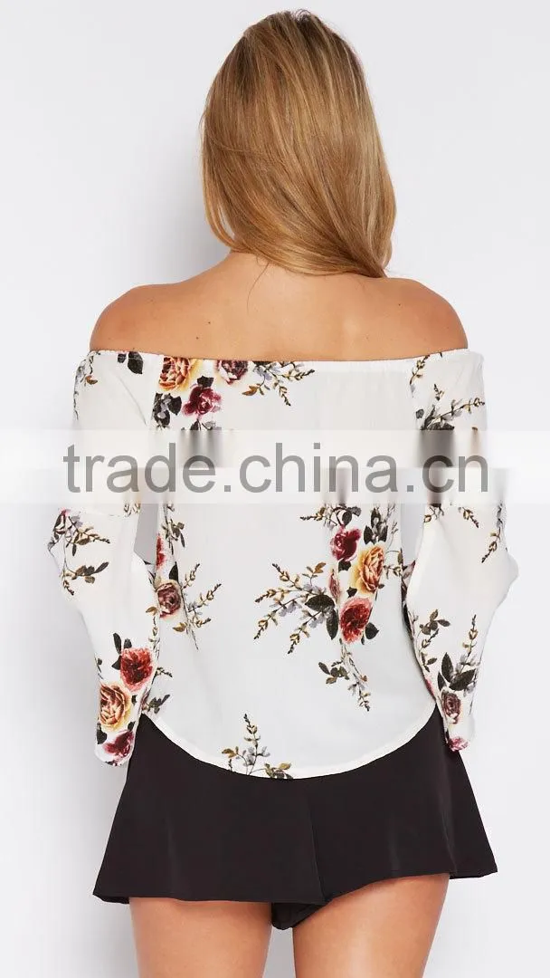 Hot Selling women casual floral printed off shoulder boat neck designs fashion long sleeve blouse for wholesale 2017