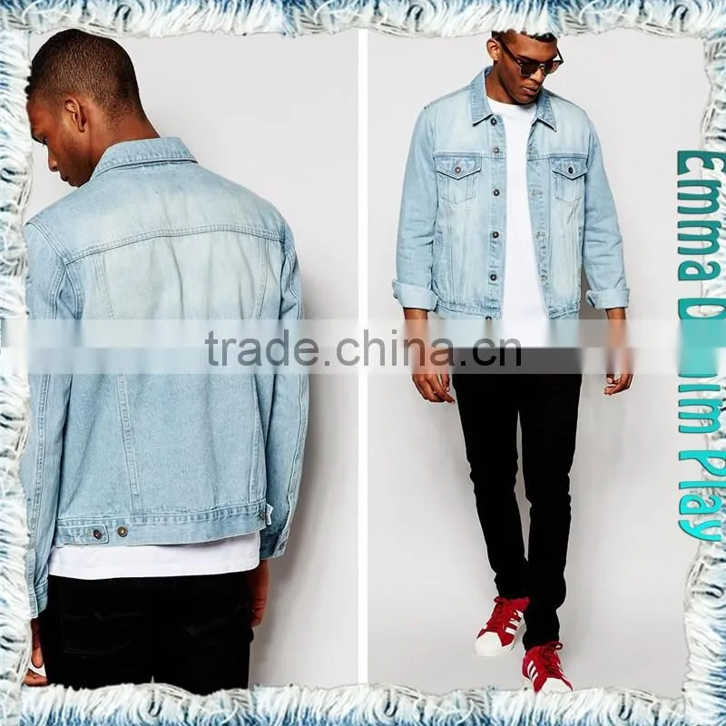 2016 Men's Dipped Bleach Washed Twill Blue Denim Jacket with Metal Button