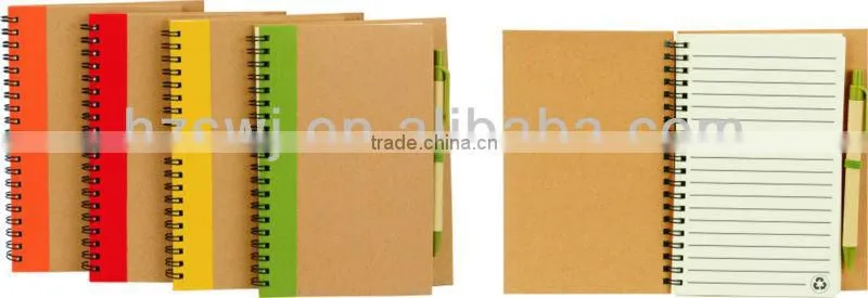 Hard kraft cover spiral recycle notebook 70grams 70sheets 18*14cm with recycle paper pen