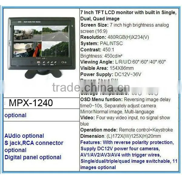 4 Nightvision Camera 7 inch Monitor Car Video Multiplexer
