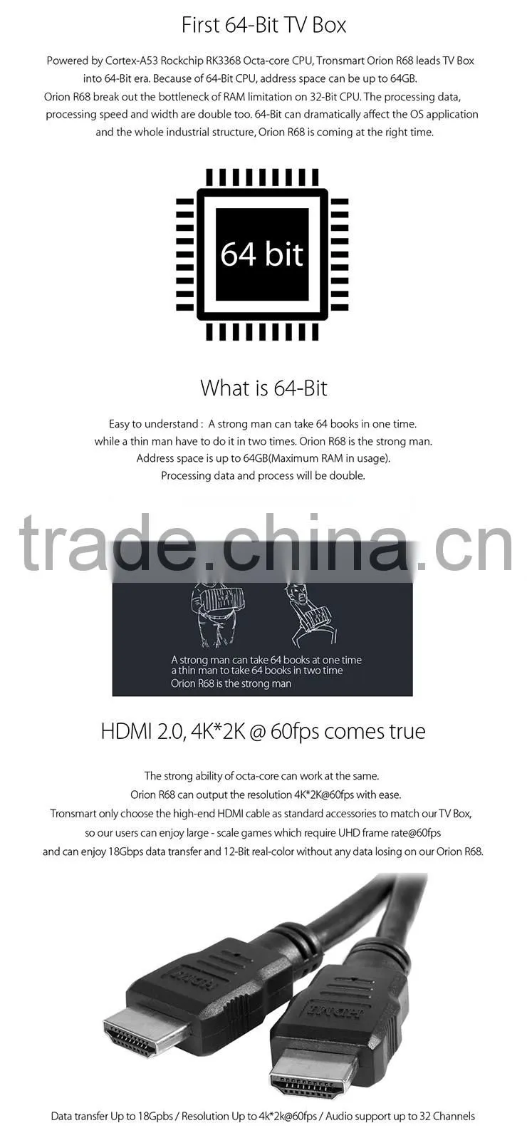 2016 Tronsmart Orion R68 Meta Android TV Box RK3368 Octa-core CPU Android 5.1 Lollipop 2G/16G HDMI2.0 H.265 2.4/5GHz WiFi 4K