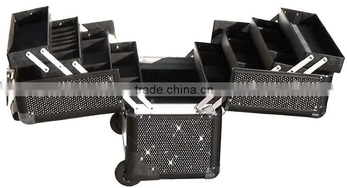 PRO Makeup Artist Rolling Train Case w/ 4trays & Dividers,Aluminum Travel Cosmetic trolley case