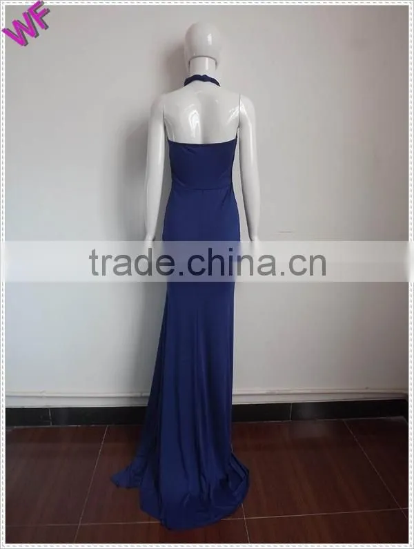 Custom Made Women Halter Long Floral Hem Navy Maxi Dress