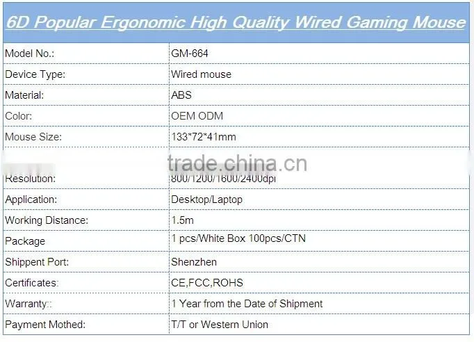 6D Factory supply High Resolution Wired Gaming Mouse
