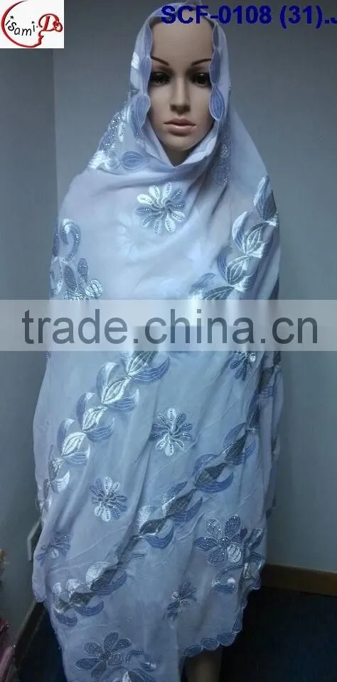 SCF -0108 white 2016 New coming design nice Muslim embroidery scarf ,shawls , pashmina shawl scarf , fashion women long scarf
