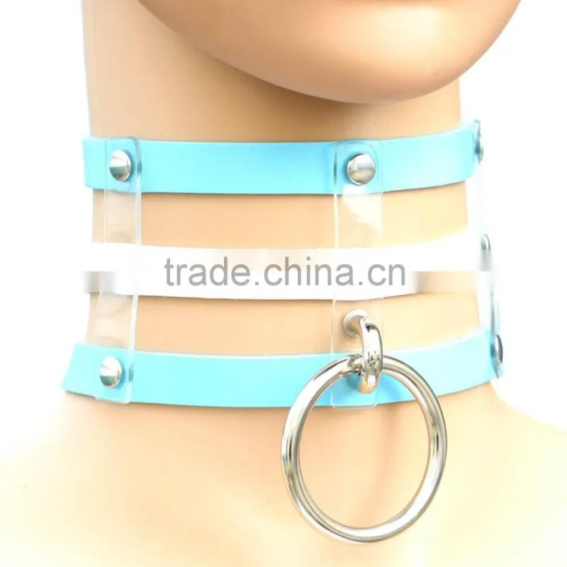 Punk Goth Rivets Choker Handmade Three Row Caged Necklace black Leather Big O Round Choker Collar Necklace Fashion jewelry