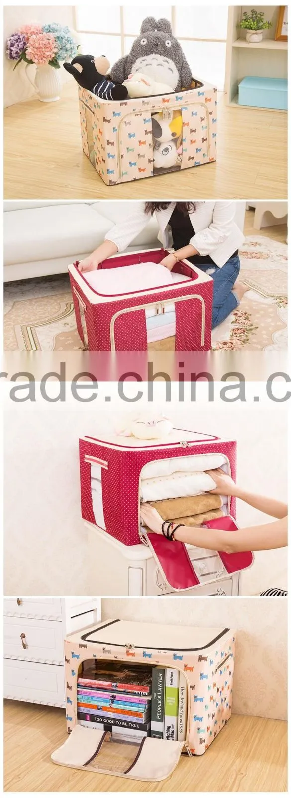 Durable Oxford Fabric Foldable Steel Shelf Lidded Storage Box with See-through Window