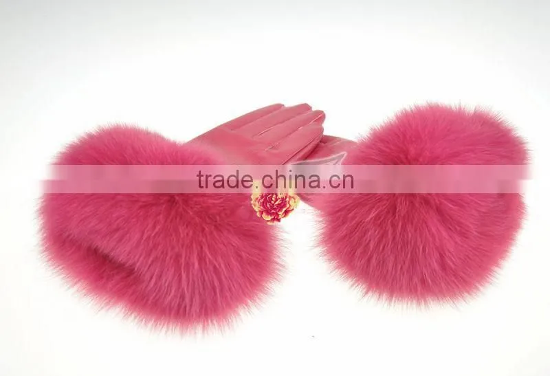 Awesome Design Custom Made Suede Leather Gloves With Best Fox Hair Fur Cuffs