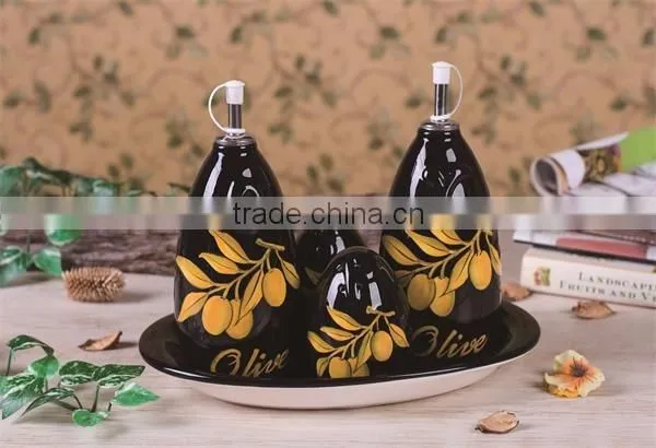 Black Ceramic Salt Pepper Oil Vinegar Cruet Set with Black Tray