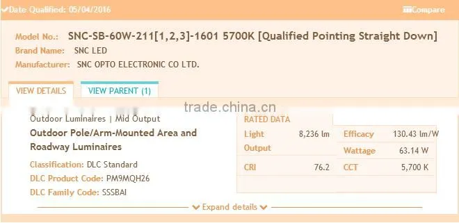 SNC low power 60w led parking lot light, dlc ul cul listed led sreet lighting 60w