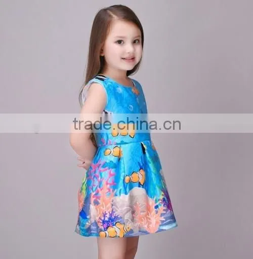 2016 sea world pattern kids dresses for girls 2016 summer sleeveless cheap kids girls evening dresses