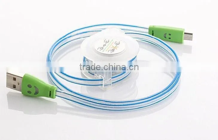 Glowing laughing face stretchable flat micro usb cable, USB to micro usb 5 pin for all smart phone