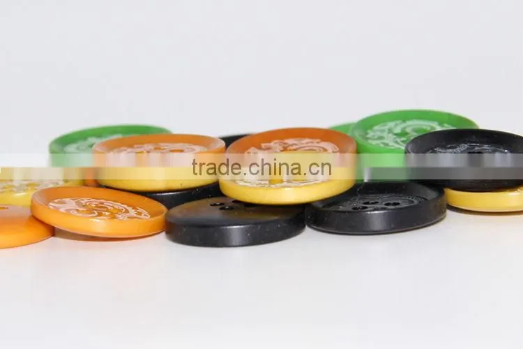 4 Holes Fancy DTM Black, Yellow, Orange Natural Corozo Nut Logo, Figure Engraved on Buttons