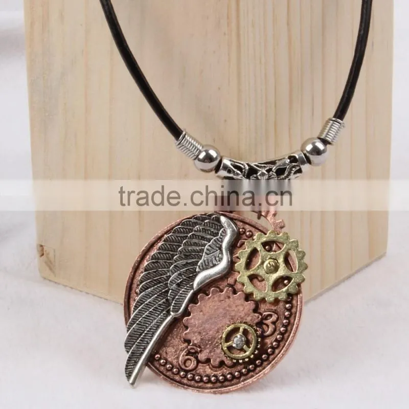 2015 yiwu fashion imitation jewelry hot sale steampunk gear wings pendant with imitation crystal cameobig statement necklace