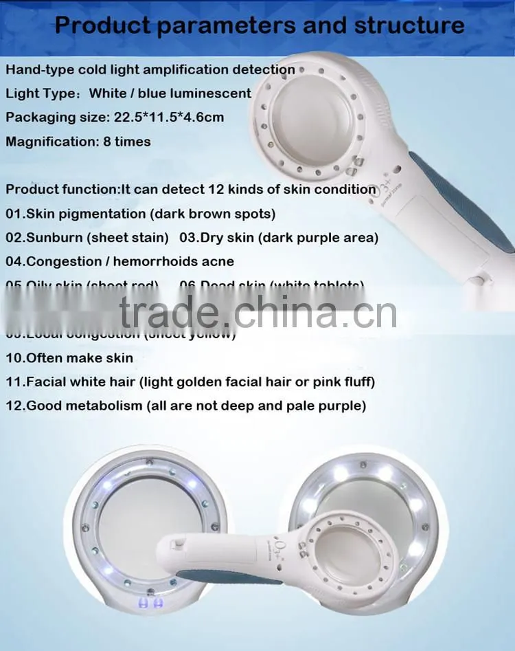 Mini Magnifier skin detection 8 white lights and 6 bule lights check Pigmented skin and Dead skin