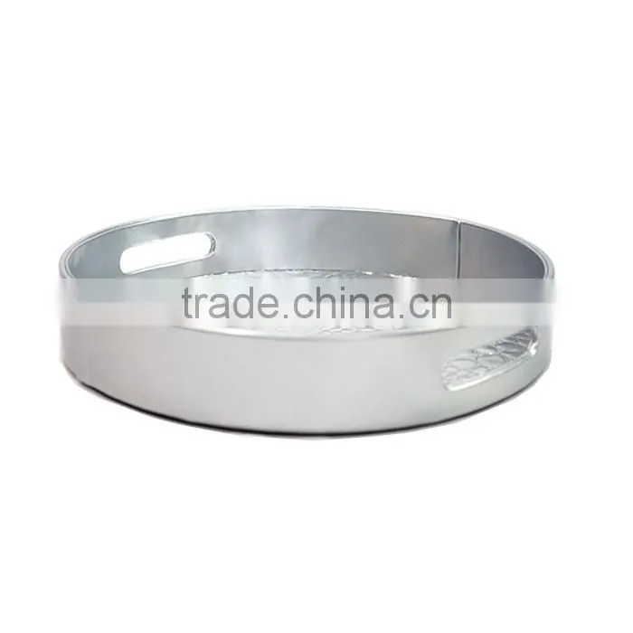 Round Silver Faux Leather Tray For Home/Office