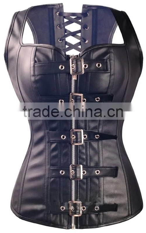 Wholesale Open Cup Front Zipper overbust real Leather Slimming Corsets