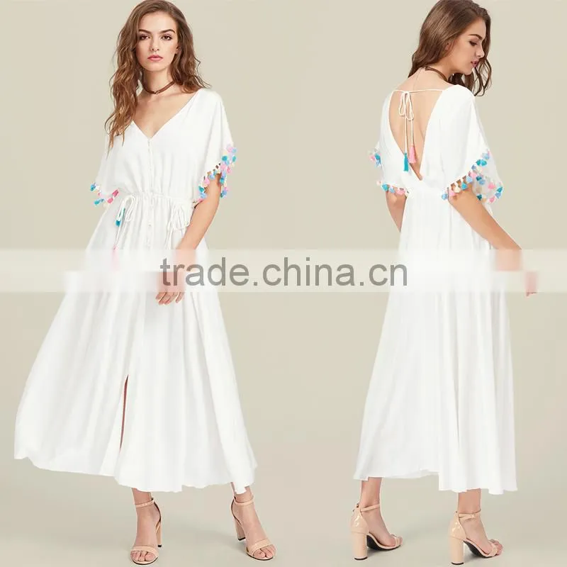 Designer tassel trim boho dress, women white deep V-neck maxi dress
