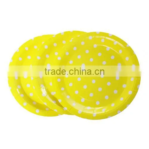 Yellow Dot Pattern Round Paper Food Plates 23.0cm