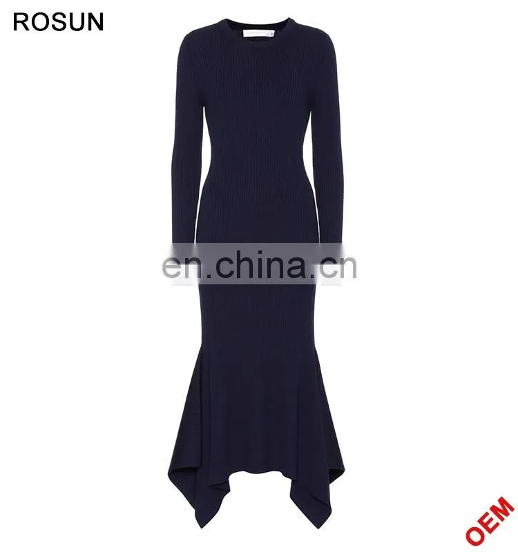 Women Fashion Asymmetric Hem Wool Rib Sweater Dress