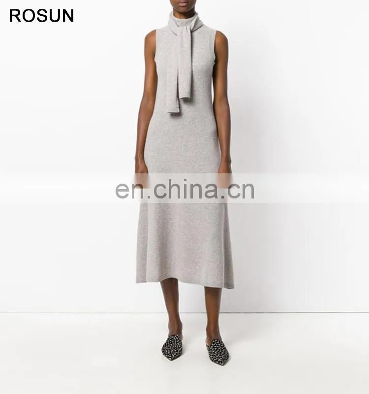 High Fashion Women 100% Wool Tie Neck Sweater Dress