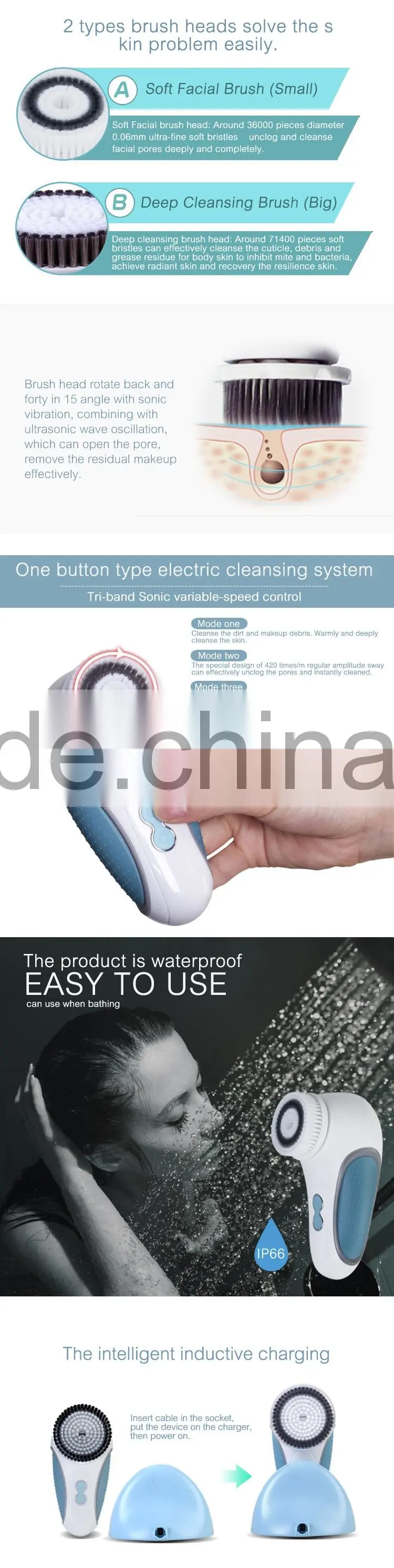 Professional Cleansing System, Gentle Sonic Vibrating Brush Head for Sensitive Skin, Water Resistant and Cordless Facial Brush *
