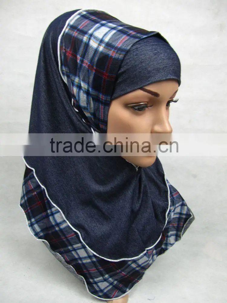 PT001 new Elastic Denim spring islamic scarf 2pcs hejab Two pieces muslim hijab