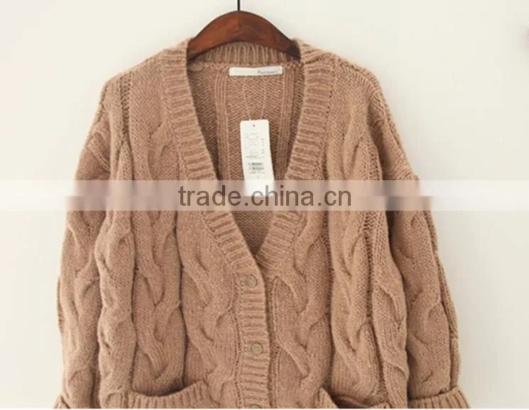 V-neck jacquard knitting wear long sleeve pocket long lady winter thick sweater cardigan