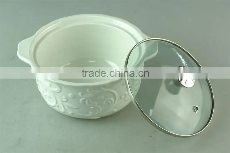 white embossing ceramic soup tureen with glass cover/lid in stocklot