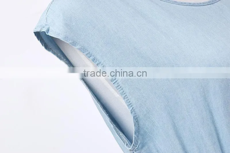 2015 fashion Hot Girl casual loose sleeveless denim round neck sexy mini summer dress