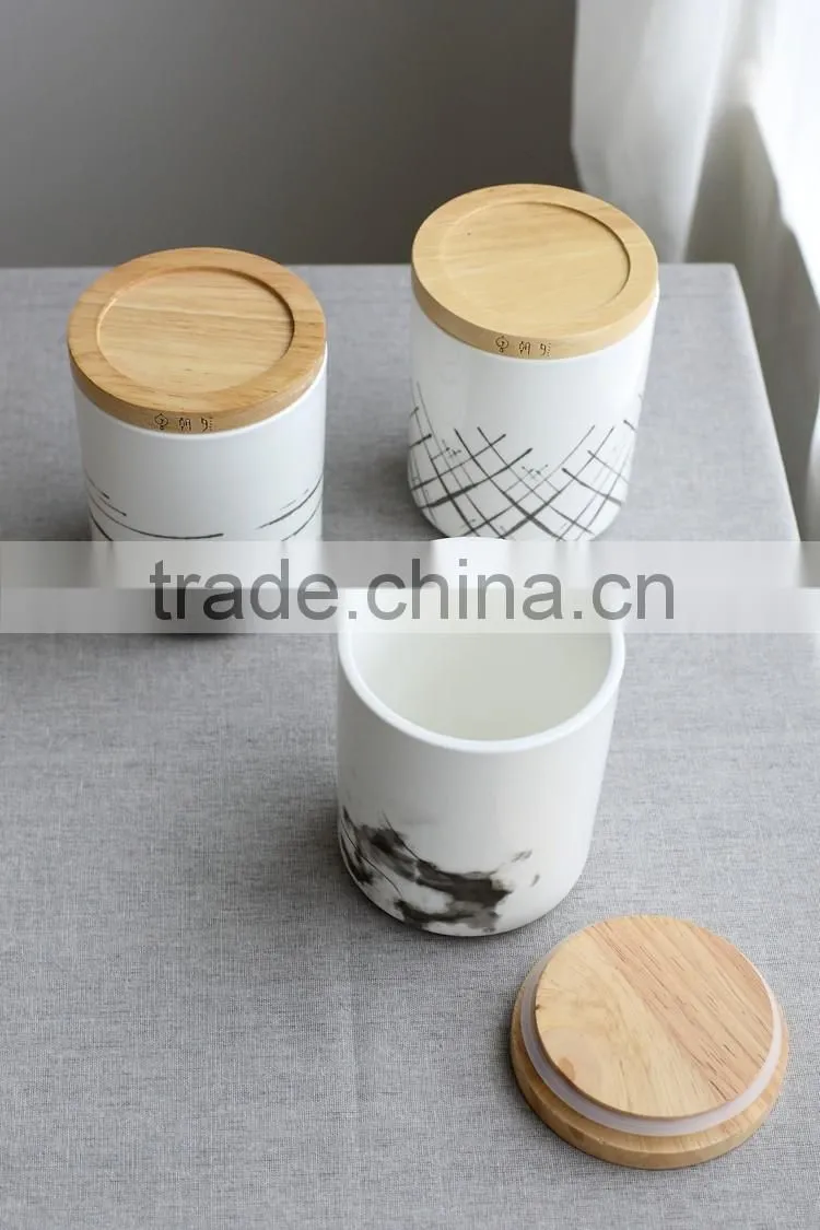 household ceramic cannister with wooden lid