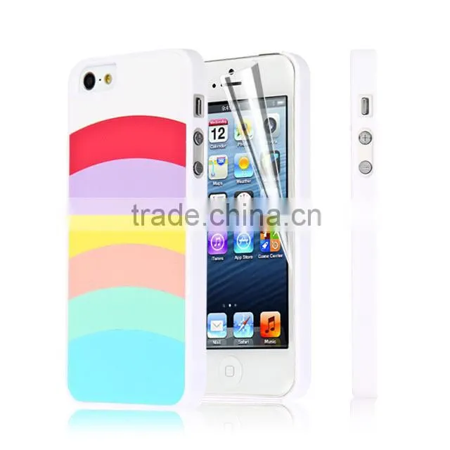 Set Screen Protector And Case For Iphone 5 , Hard Plastic Pink Colorful Stripes Custom Case