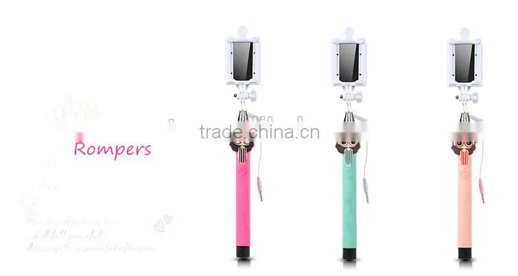 2015 Wholesale Lovely Cartoon Girl Design Portable Selfie Stick Wired Control