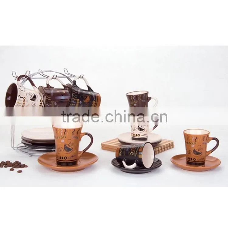 china factory 12pcs mix color glazed coffee cup ceramic tea cup and saucer stands