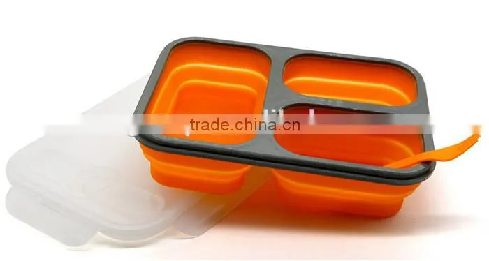 Eco-friendly 100% Food grade 3 compartments collapsible silicone folding lunch box, Microwave orange silicone folding lunch box