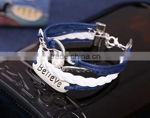 NEW Infinity Dream Skull Wings Friendship Antique Silver Leather Charm Bracelet