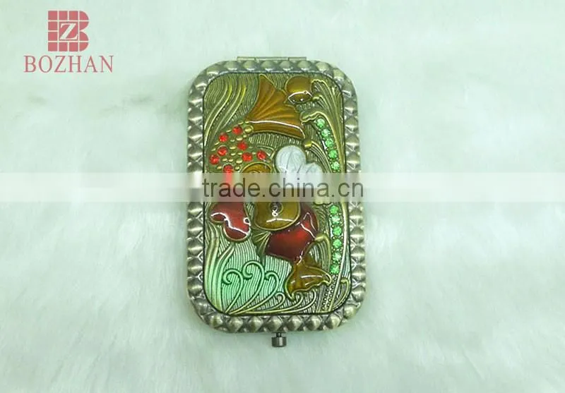 Metal souvenir kiss fish rhinestone mirror/antique kiss fish makeup mirror/promotional gift kiss fish compact mirror