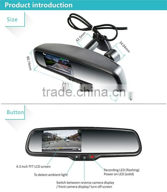 4.3 inch car rear view mirror monitor with back up camera