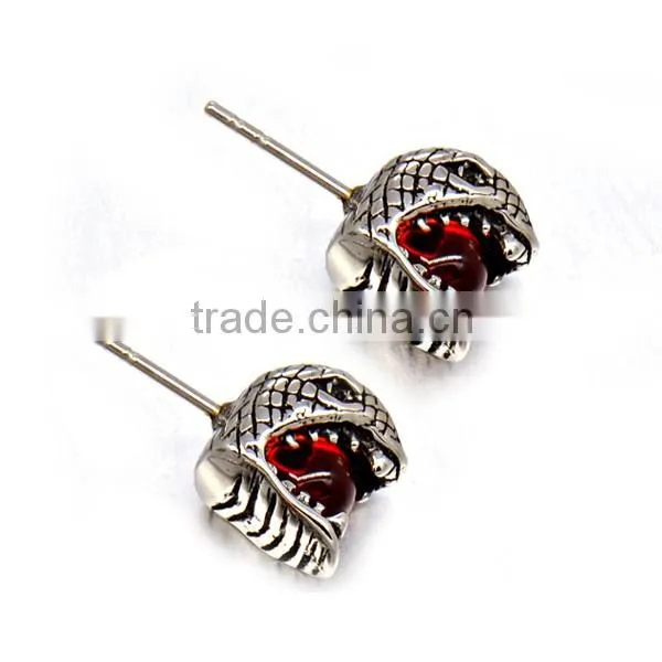 mens punk earrings stainless steel snake head with red stone earrings jewelry