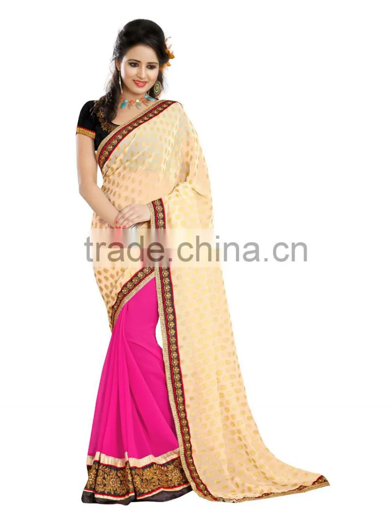 Beige and pink color Saree of embroidery