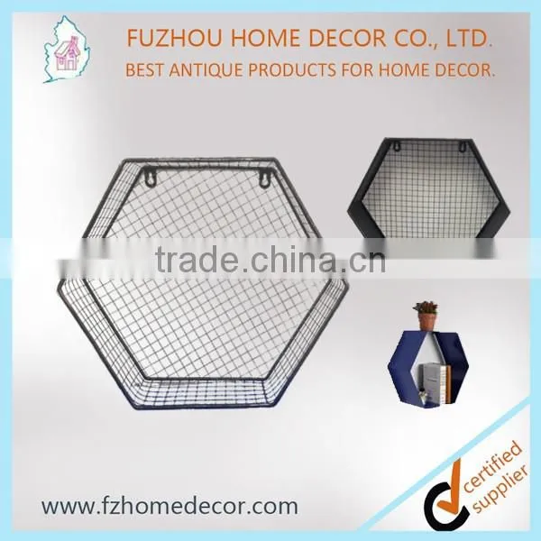 Wooden hexagon wall shelf with metal mesh /chrome wire shadow box