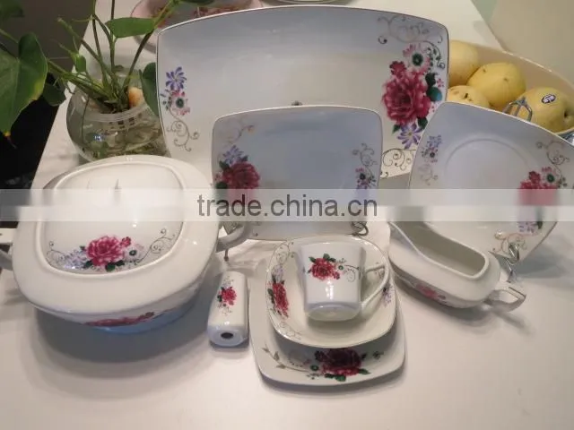 hot sales high quality nice rose flower square shape ceramic porcelain dinner set